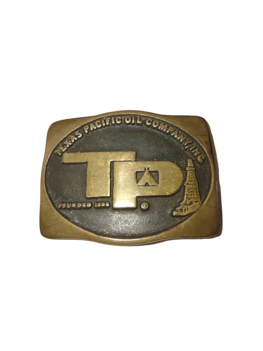 Texas Pacific Oil Company Brass Belt Buckle - Gold & Dark Bronze